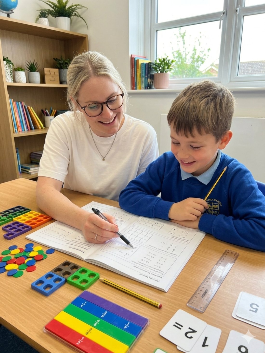 Sarah Chambers tutoring a young child at a table