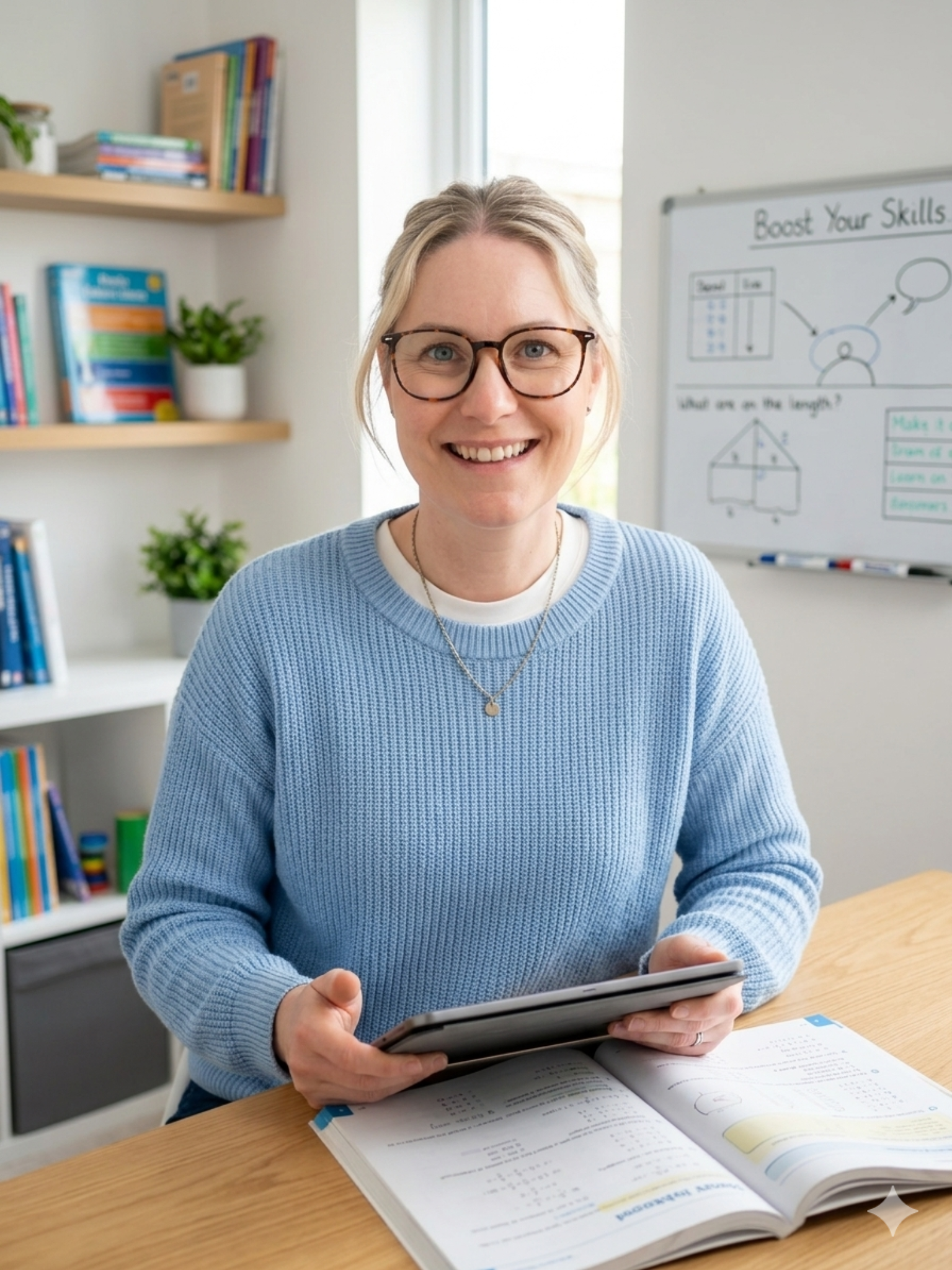 Sarah Chambers sitting at a table with a workbook and tablet